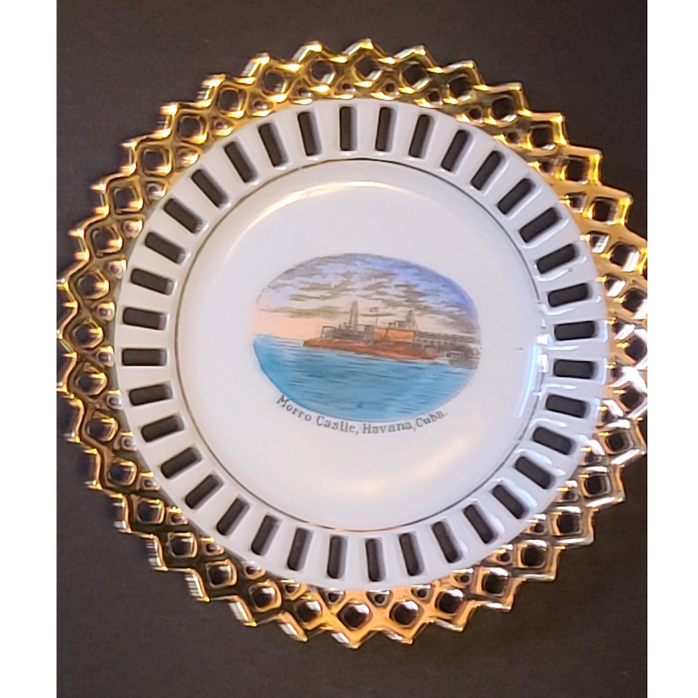 Vintage Souvenir Plate Morro Castle Havana Cuba Pierced Gold Accent Display